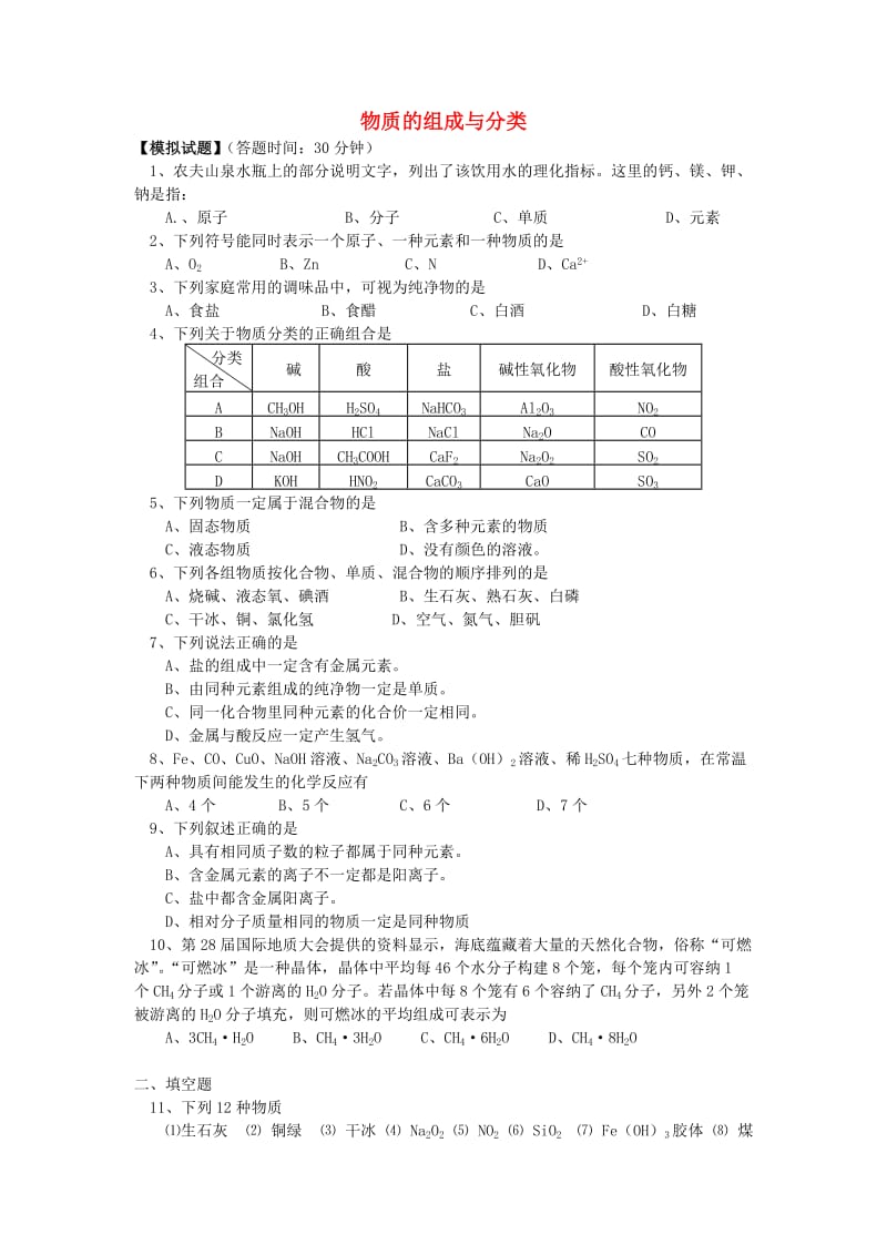 2018年高考化学第一轮复习 专题 物质的组成与分类习题 苏教版.doc_第1页