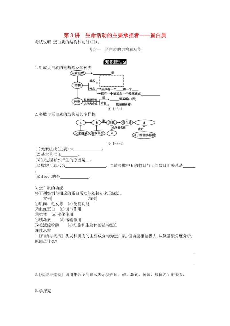 2019版高考生物一轮复习 第1单元 走近细胞与细胞的分子组成 第3讲 生命活动的主要承担者——蛋白质学案 苏教版.doc_第1页