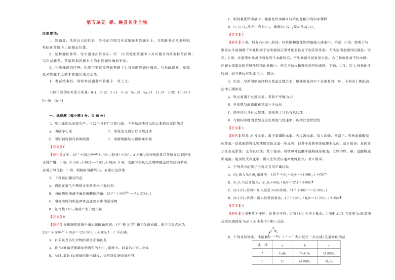 2019年高考化学一轮复习 第五单元 铝、铁及其化合物单元A卷.doc_第1页