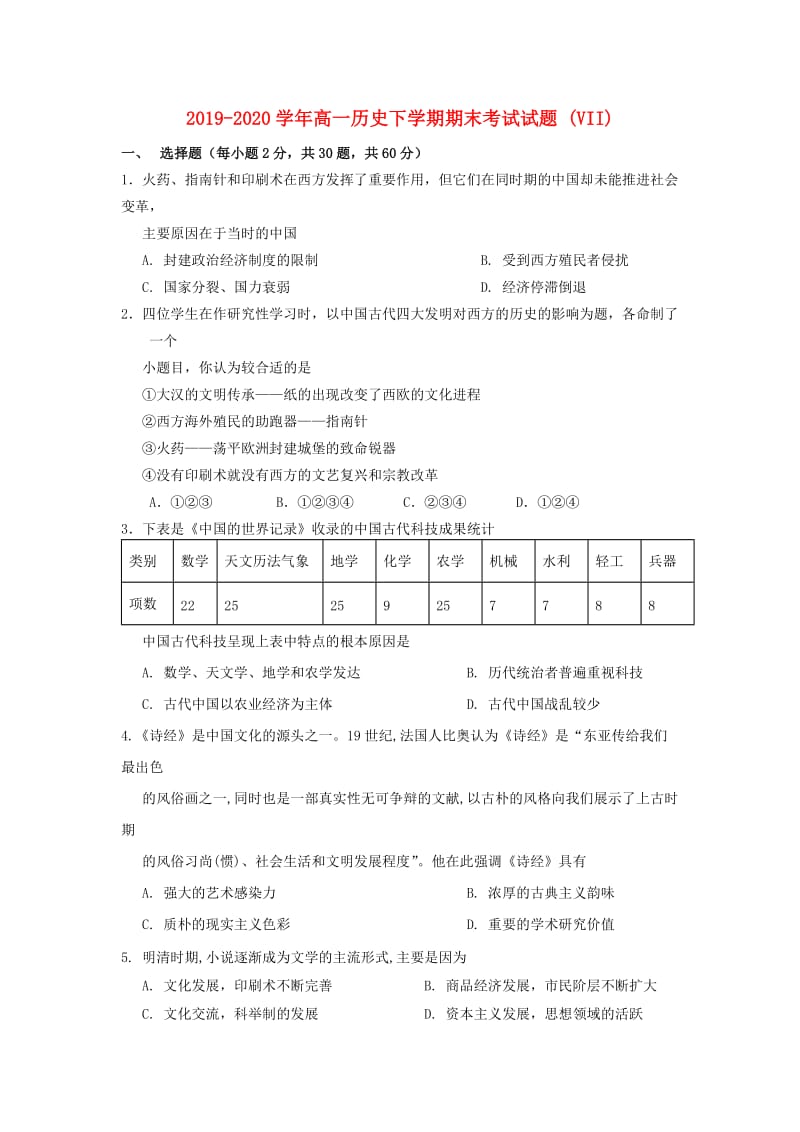 2019-2020学年高一历史下学期期末考试试题 (VII).doc_第1页