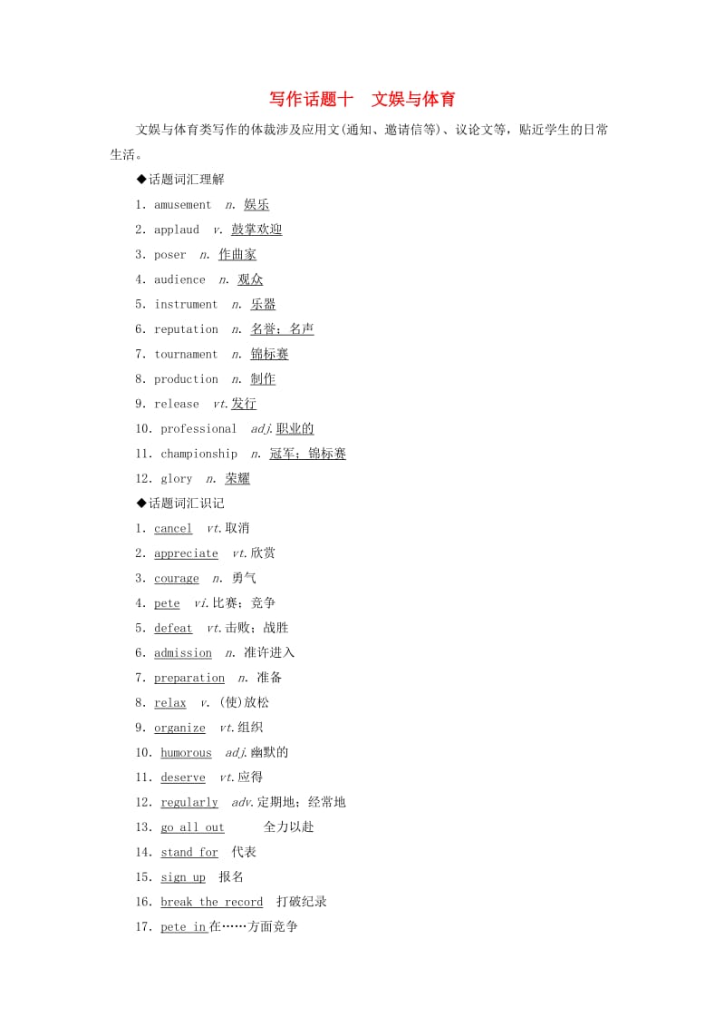 2019版高考英语一轮复习 写作话题 10 文娱与体育 新人教版.doc_第1页