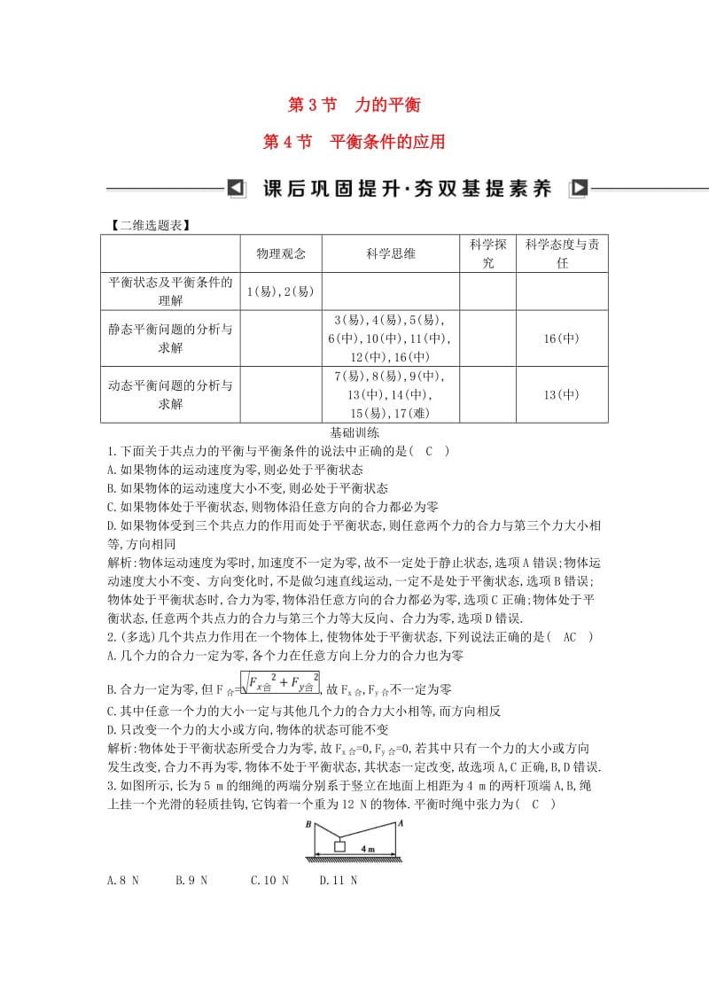 2018版高中物理 第五章 力与平衡 第3节 力的平衡 第4节 平衡条件的应用试题 鲁科版必修1.doc_第1页