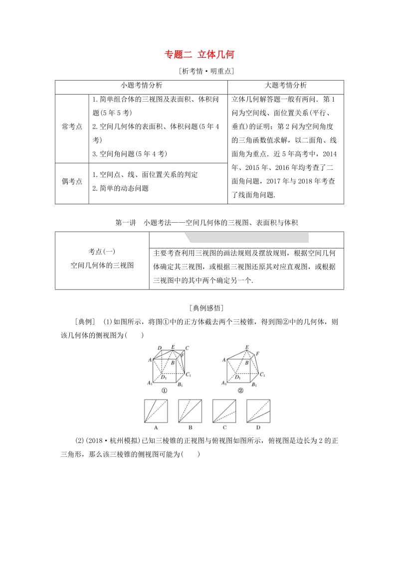 （浙江专用）2019高考数学二轮复习 专题二 立体几何学案.doc_第1页