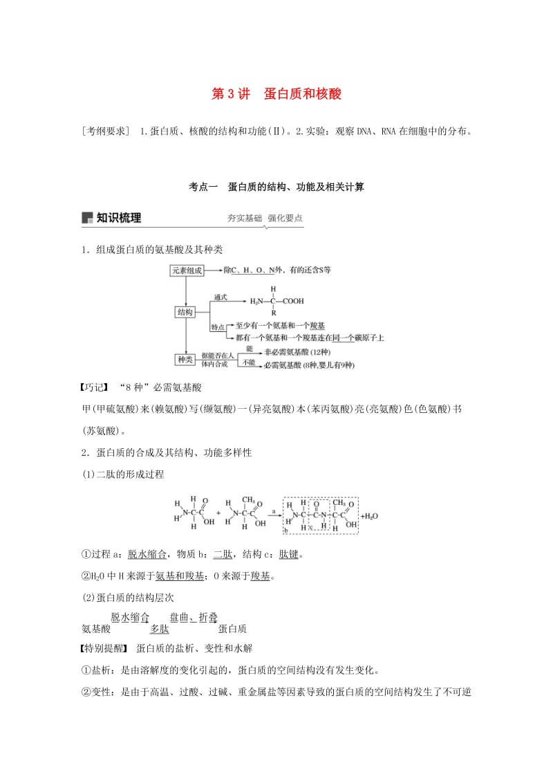 人教通用2020版高考生物大一轮复习第一单元细胞的概述及其分子组成第3讲蛋白质和核酸讲义.docx_第1页