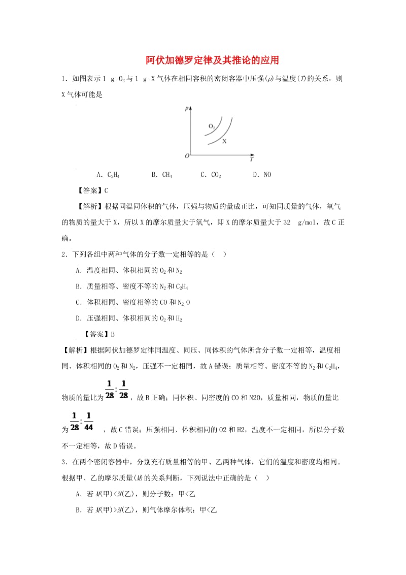 2018届高考化学三轮冲刺 阿伏加德罗定律及其推论的应用微练习.doc_第1页