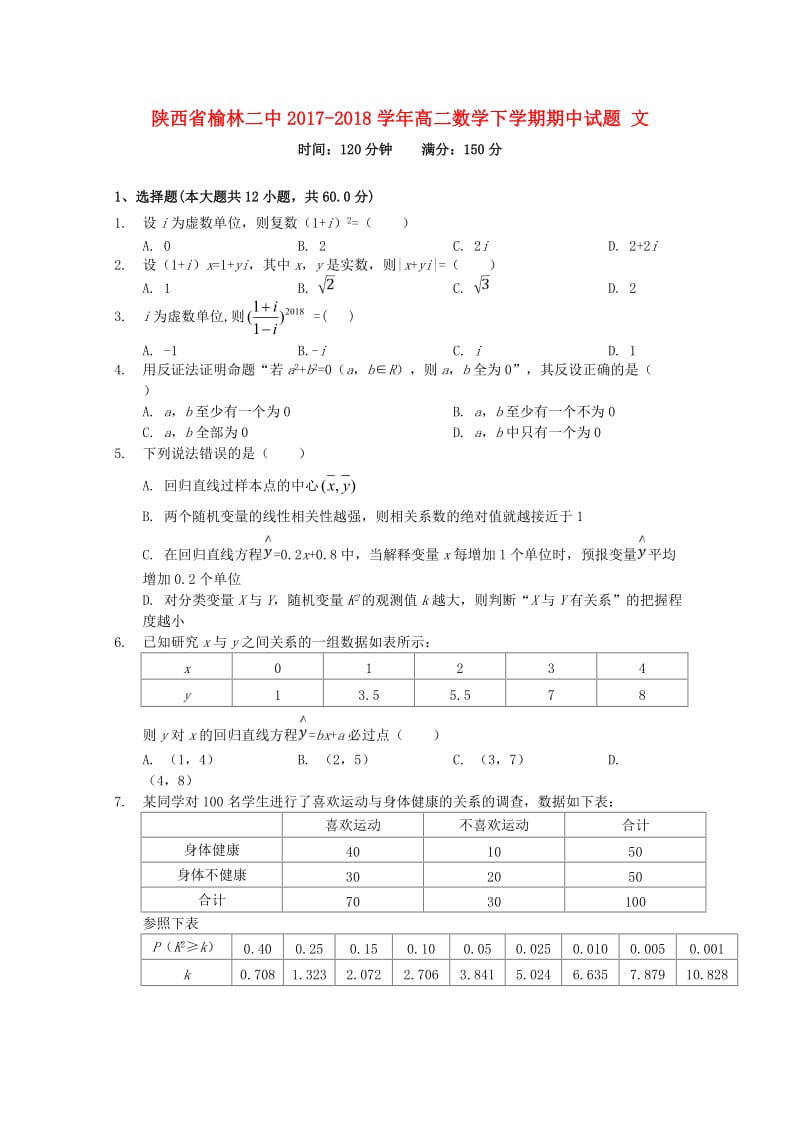 陕西省榆林二中2017-2018学年高二数学下学期期中试题 文.doc_第1页