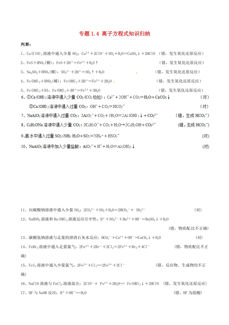 2019年高考化学 中等生百日捷进提升系列 专题1.4 离子方程式知识归纳基础知识速记手册素材.doc_第1页