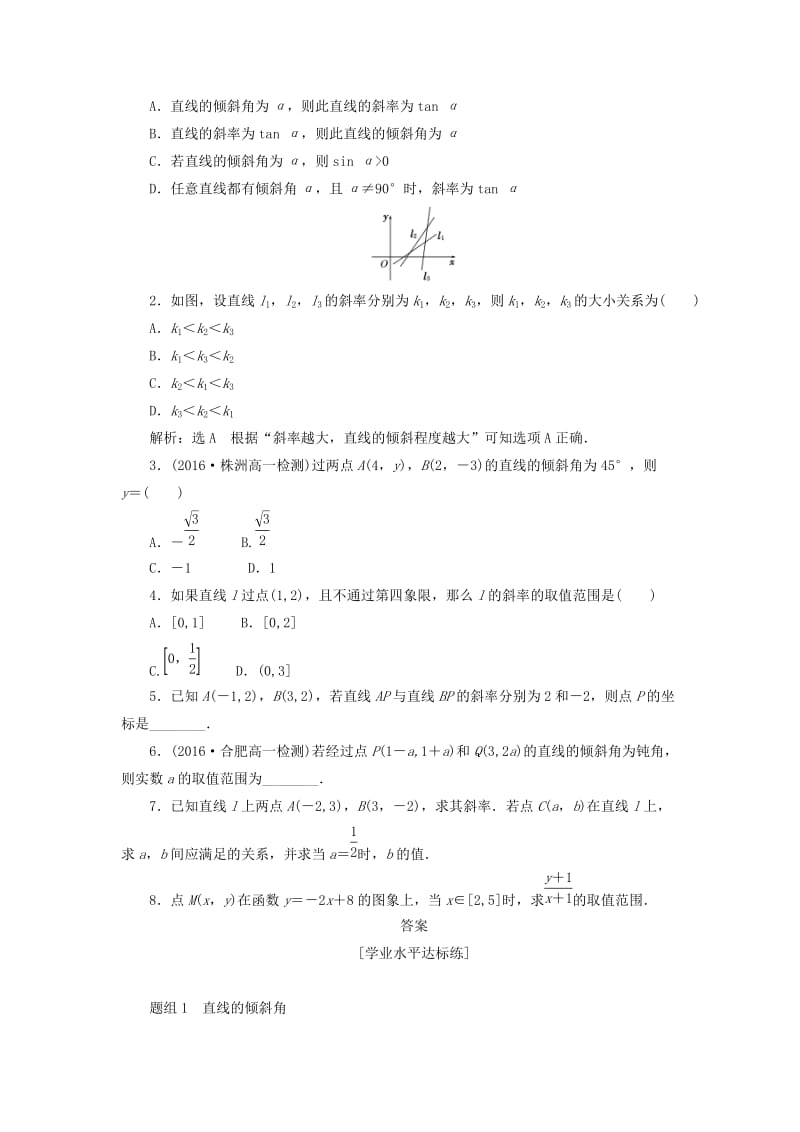 2019高中数学 第三章 直线与方程 3.1 直线的倾斜角与斜率（第1课时）倾斜角与斜率课下能力提升（含解析）新人教A版必修2.doc_第2页