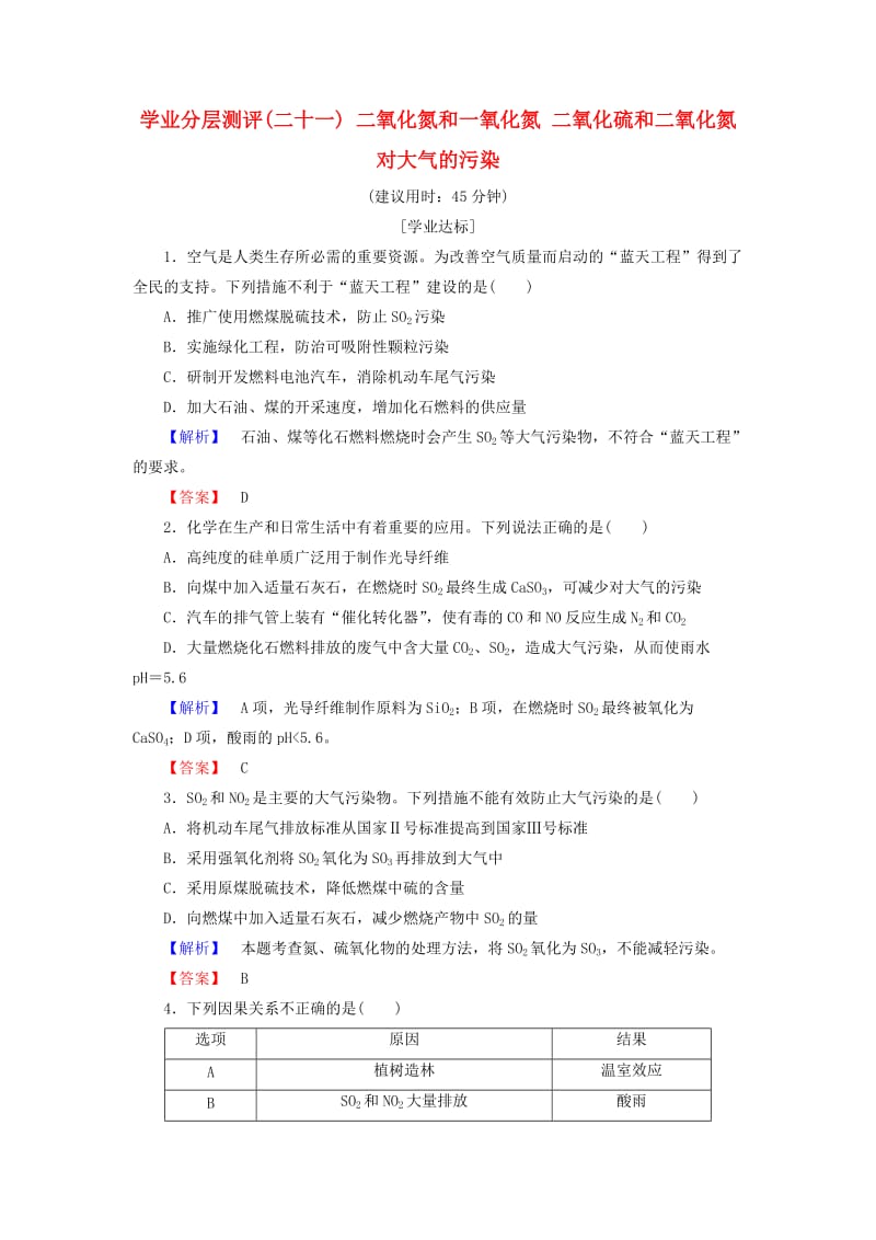 2018版高中化学 第四章 非金属及其化合物 学业分层测评21 二氧化氮和一氧化氮 二氧化硫和二氧化氮对大气的污染 新人教版必修1.doc_第1页