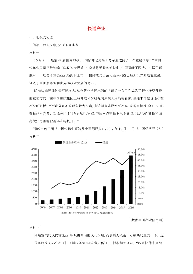 2019年高考语文一轮复习 时事热点试题集锦10 快递产业.doc_第1页