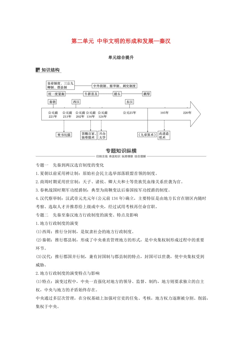 2019届高考历史一轮复习 第二单元 中华文明的形成和发展—秦汉单元综合提升学案 新人教版.doc_第1页