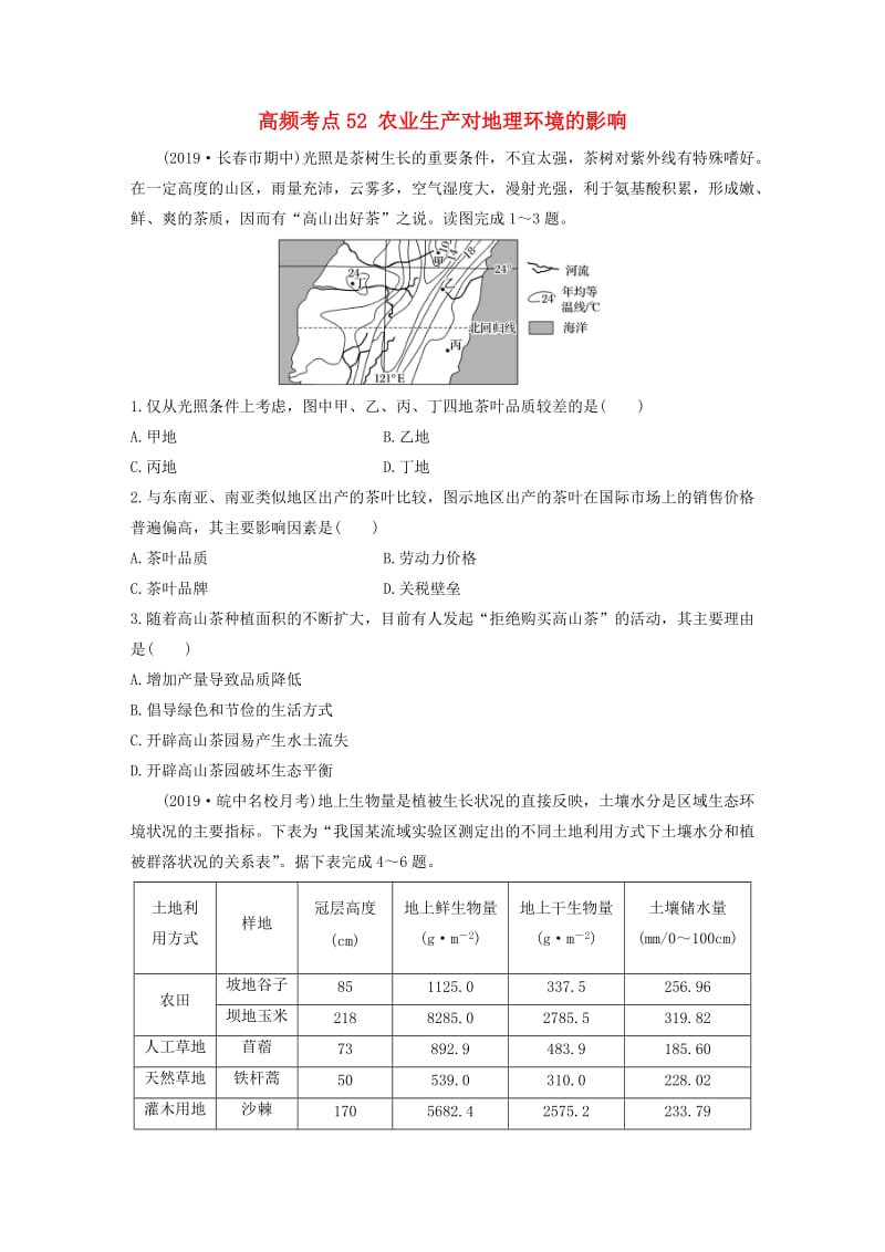 2020版高考地理一轮复习 专题六 农业与工业 高频考点52 农业生产对地理环境的影响练习（含解析）.docx_第1页