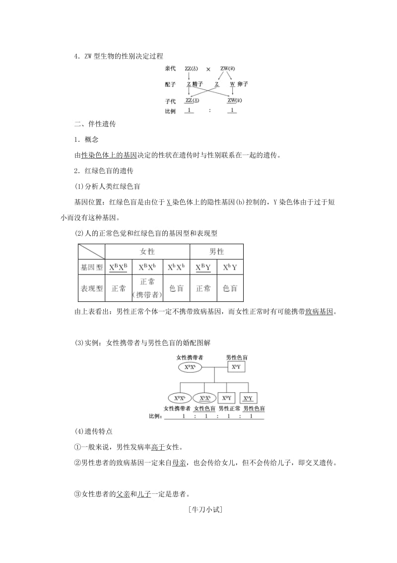 2018年高中生物 第三章 遗传和染色体 第二节 第二讲 性别决定和伴性遗传教学案 苏教版必修2.doc_第2页