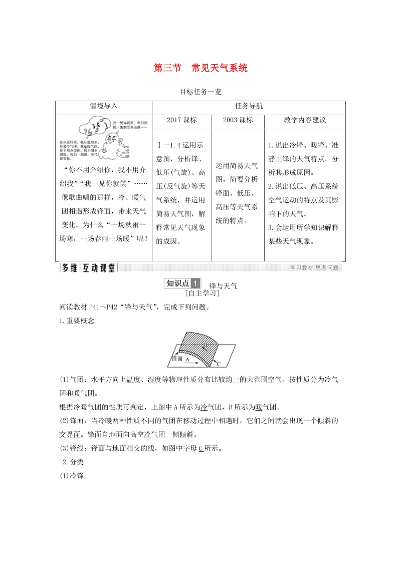 （四省市）2018-2019版高中地理 第二章 地球上的大气 第三节 常见天气系统学案 新人教版必修3.doc_第1页