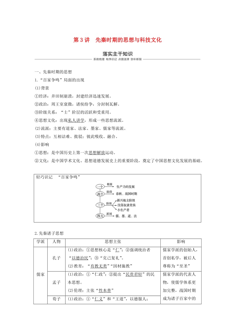 2019届高考历史一轮复习 第一单元 中华文明的起源与奠基—先秦 第3讲 先秦时期的思想与科技文化学案 新人教版.doc_第1页