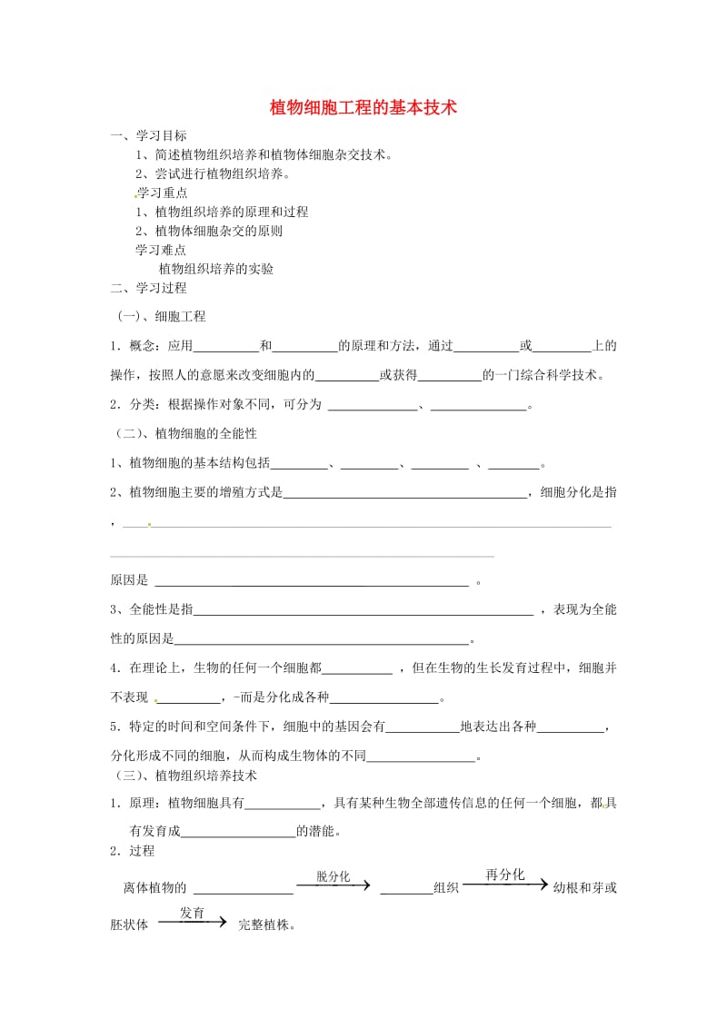 2019年春高中生物 专题2 细胞工程 2.1 植物细胞工程 2.1.1 植物细胞工程的基本技术（第1课时）预习学案 新人教版选修3.doc_第1页