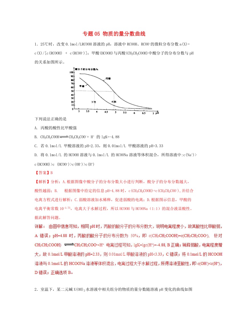 2019年高考化学一轮复习 酸碱中和滴定曲线大全 专题05 物质的量分数曲线练习.doc_第1页