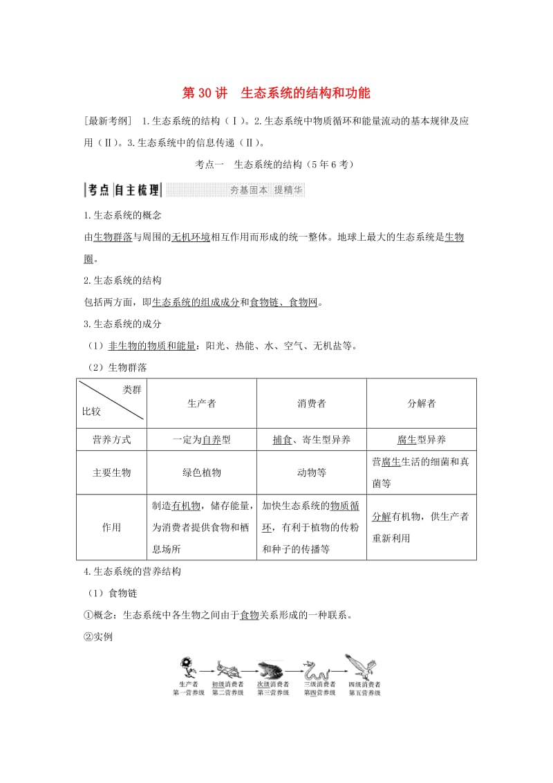 江苏专版2019版高考生物大一轮复习第九单元生物与环境第30讲生态系统的结构和功能学案.doc_第1页