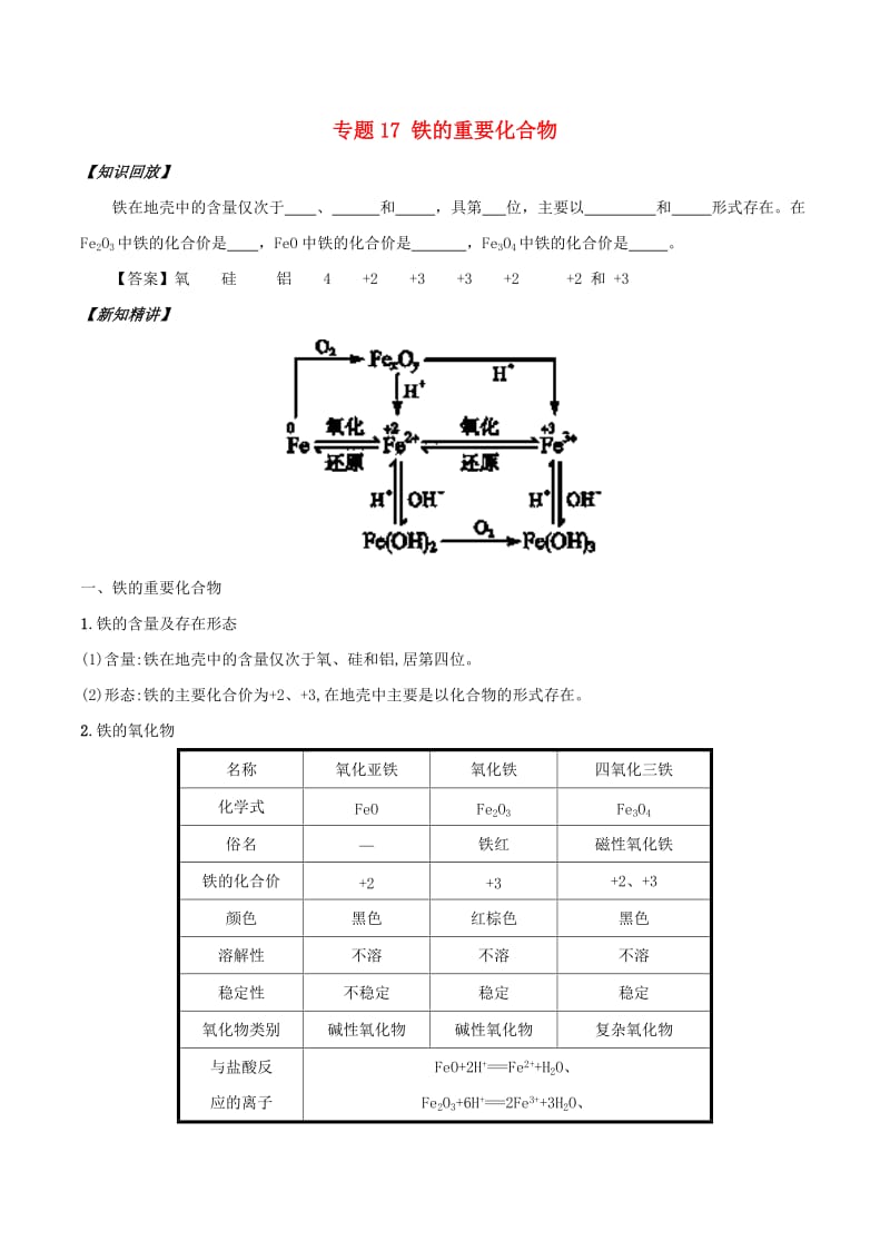 2018年秋高中化学 初高中衔接 专题17 铁的重要化合物学案.doc_第1页