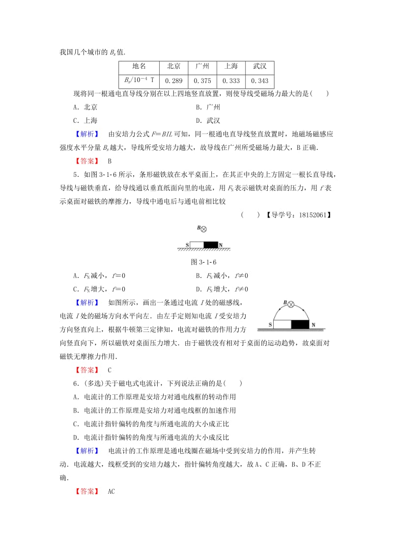 2018版高中物理 第3章 打开电磁学的大门 学业分层测评8 磁场中的通电导线 鲁科版选修1 -1.doc_第2页