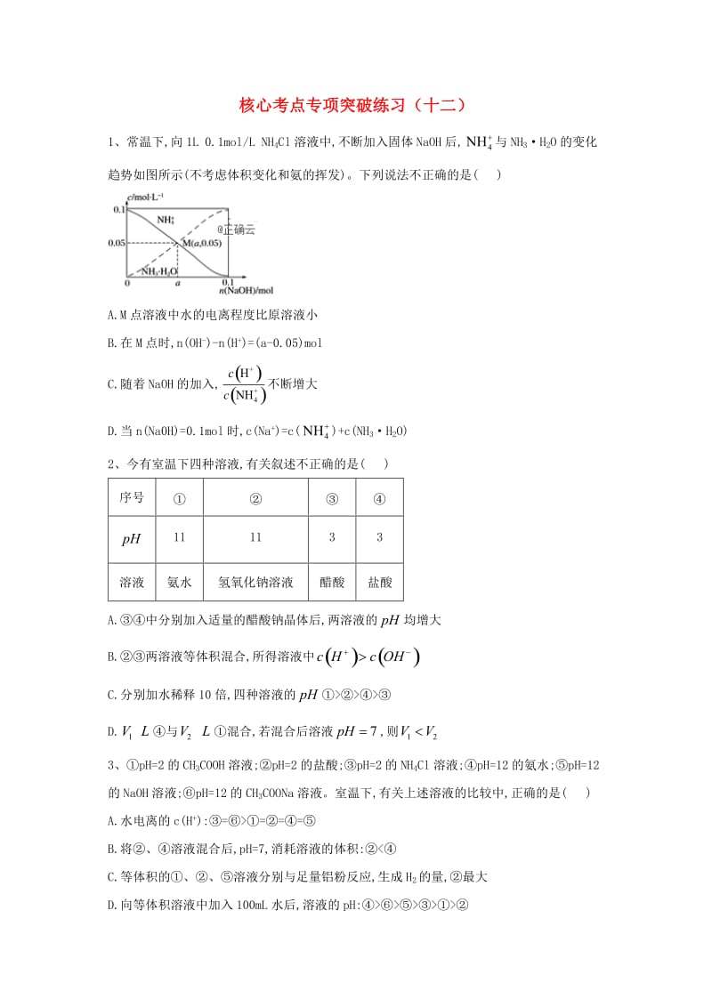 2019届高三化学二轮复习 核心考点专项突破练习（十二）（含解析）.doc_第1页