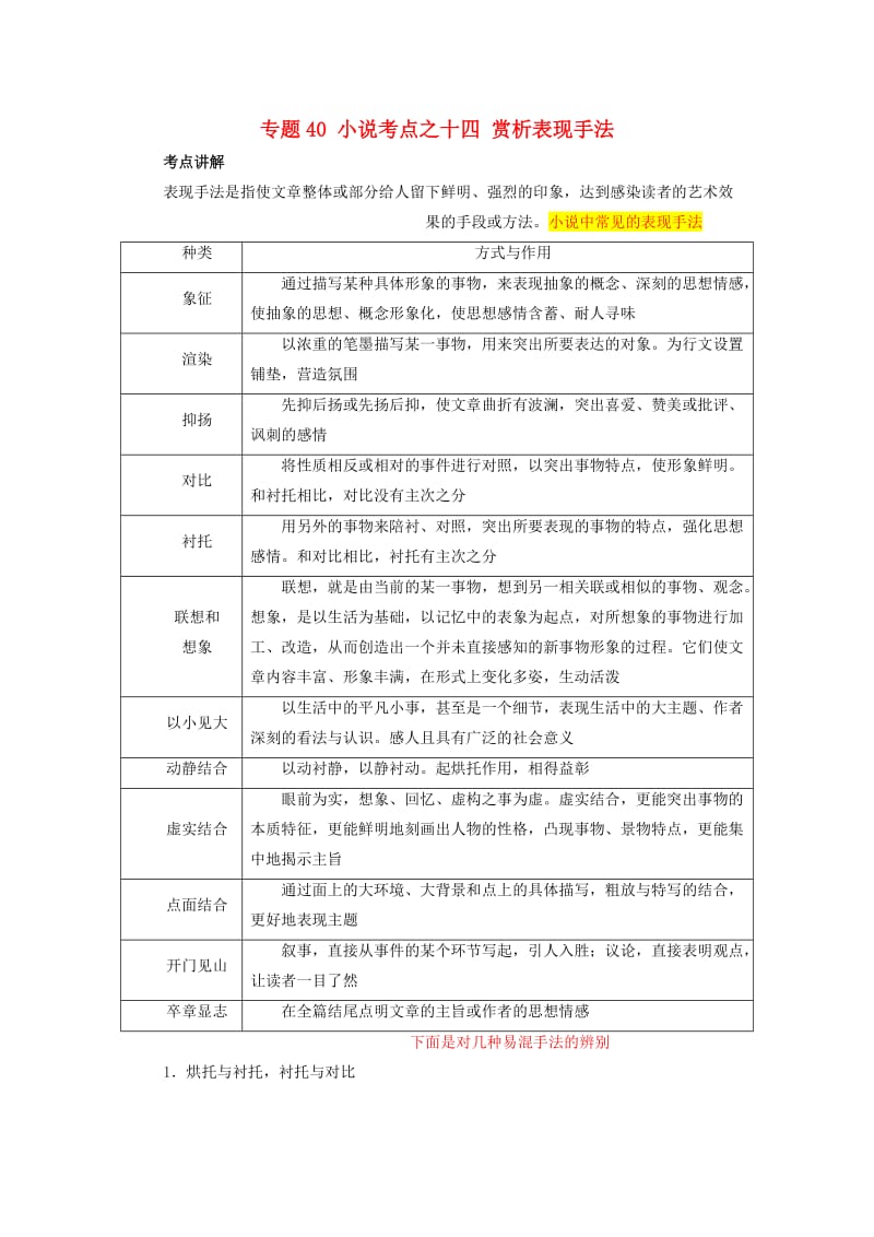 2019年高三语文一轮复习 知识点讲解阅读预热试题 专题40 小说考点之十四 赏析表现手法（含解析）新人教版.doc_第1页