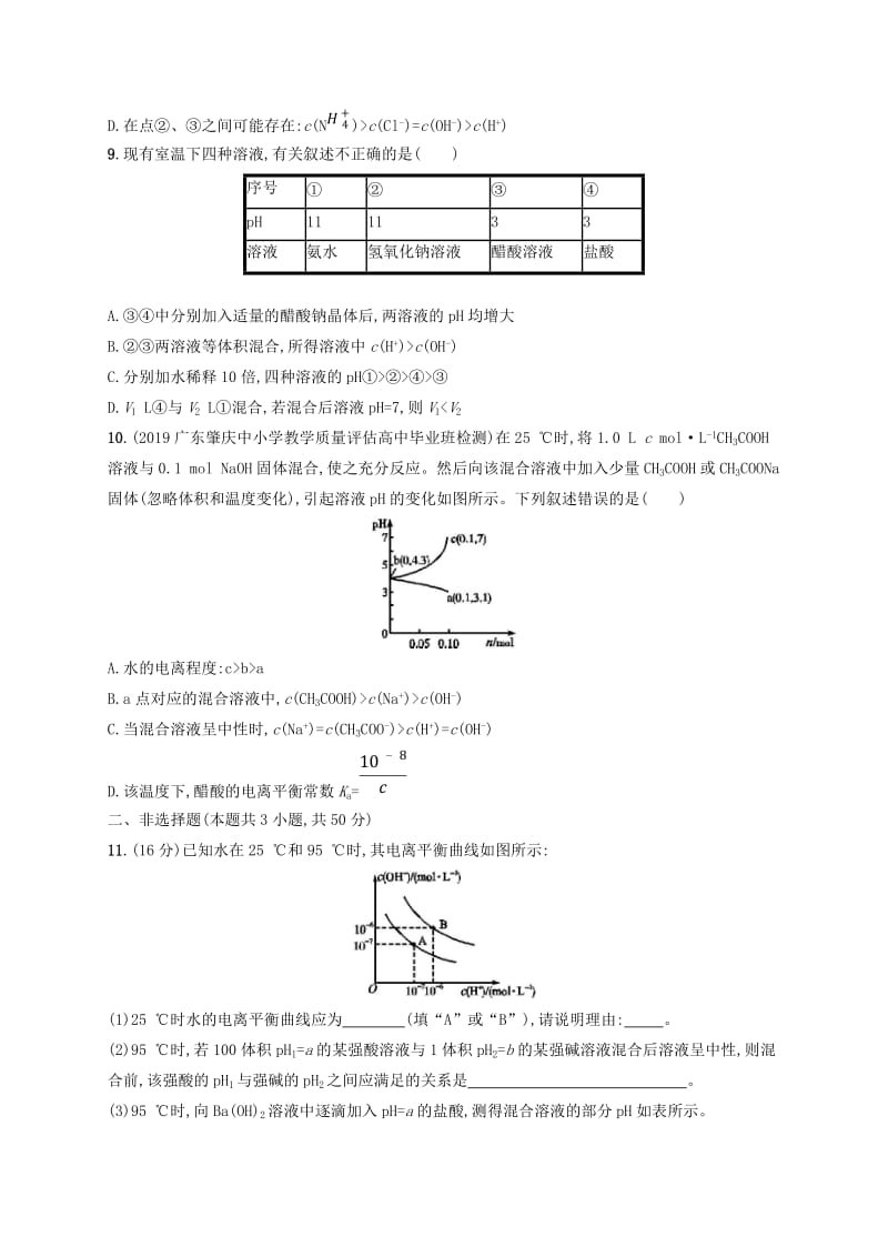 2020版高考化学大一轮复习 课时规范练23 水的电离和溶液的酸碱性 新人教版.doc_第3页