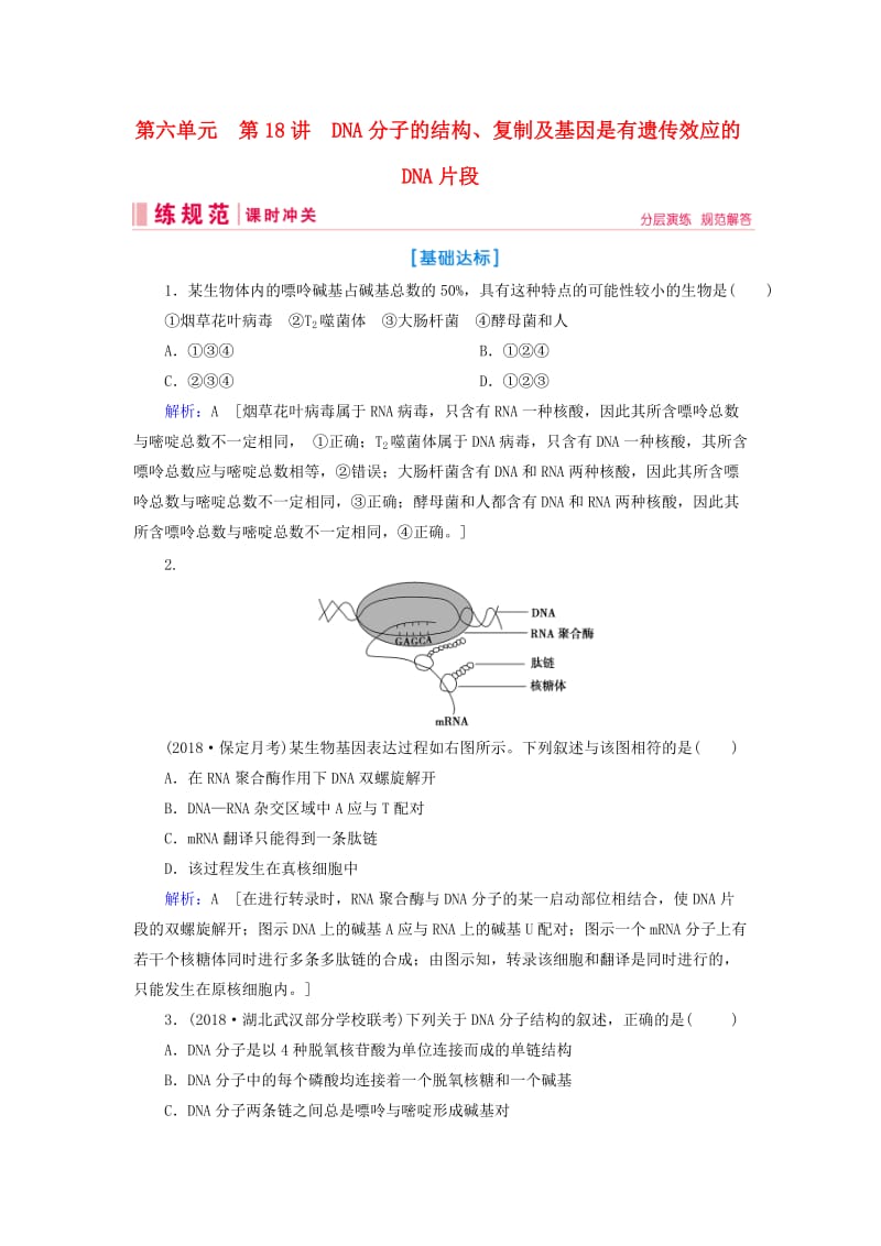 2019届高考生物一轮复习 第六单元 遗传的分子基础 第18讲 DNA分子的结构、复制及基因是有遗传效应的DNA片段练习案 新人教版.doc_第1页