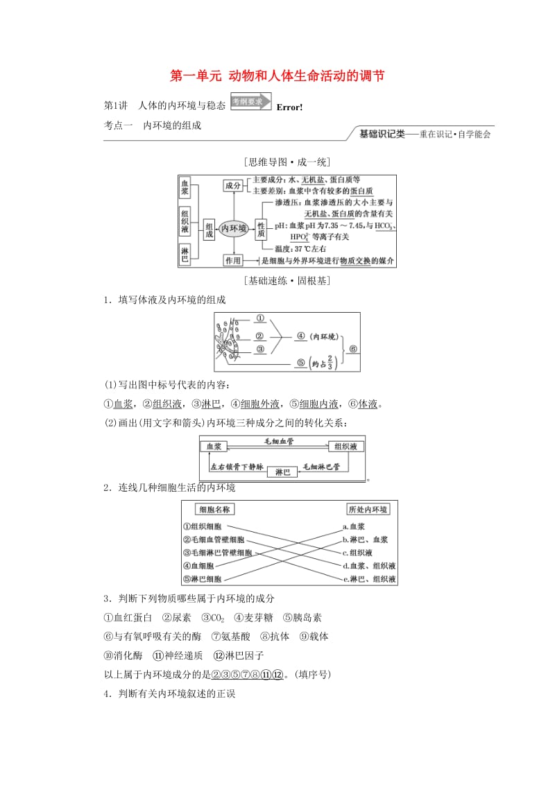 （全国通用版）2019版高考生物一轮复习 第3部分 稳态与环境 第一单元 动物和人体生命活动的调节精准备课学案.doc_第1页