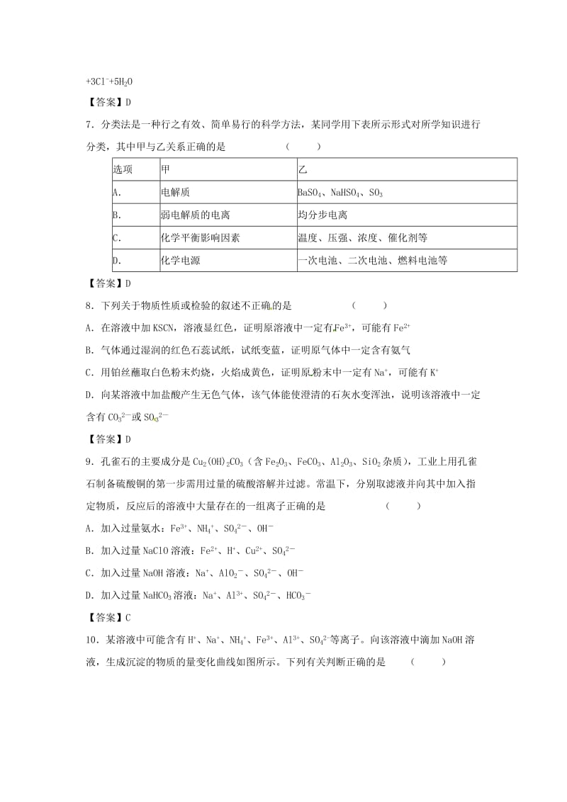 2019年高考化学一轮复习 知识点同步练习卷 离子反应 离子共存及检验 新人教版.doc_第3页