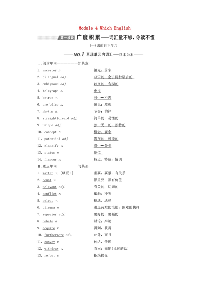 新课改2020版高考英语一轮复习Module4WhichEnglish学案含解析外研版选修8 .doc_第1页