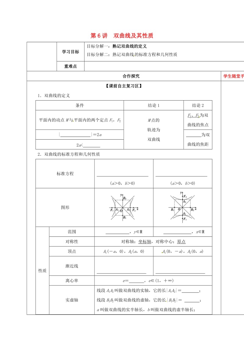 山东省胶州市2018届高考数学一轮复习 第八章 第6讲 双曲线及其性质课前学案文.doc_第1页