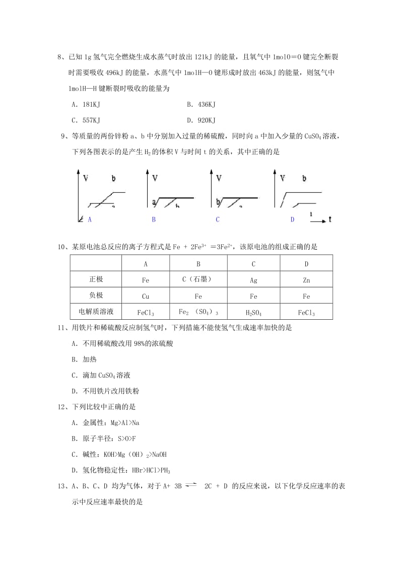 2019-2020学年高一化学下学期期末联考试题.doc_第2页