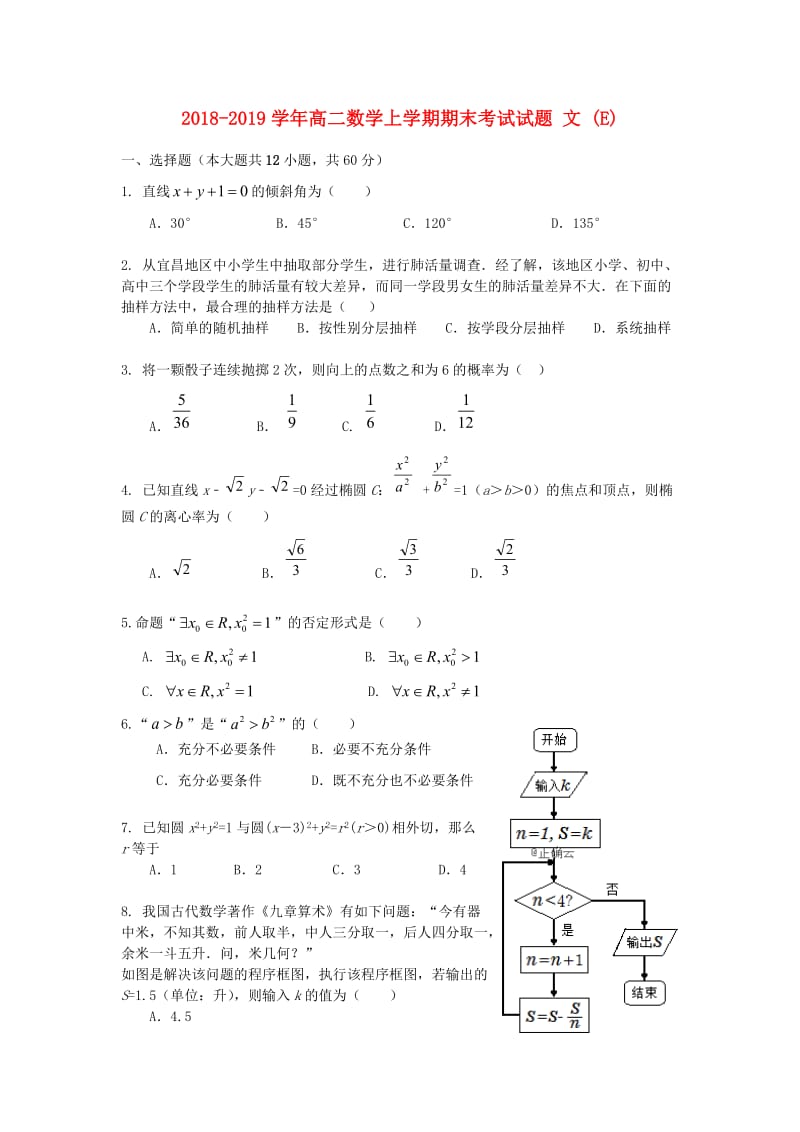 2018-2019学年高二数学上学期期末考试试题 文 (E).doc_第1页