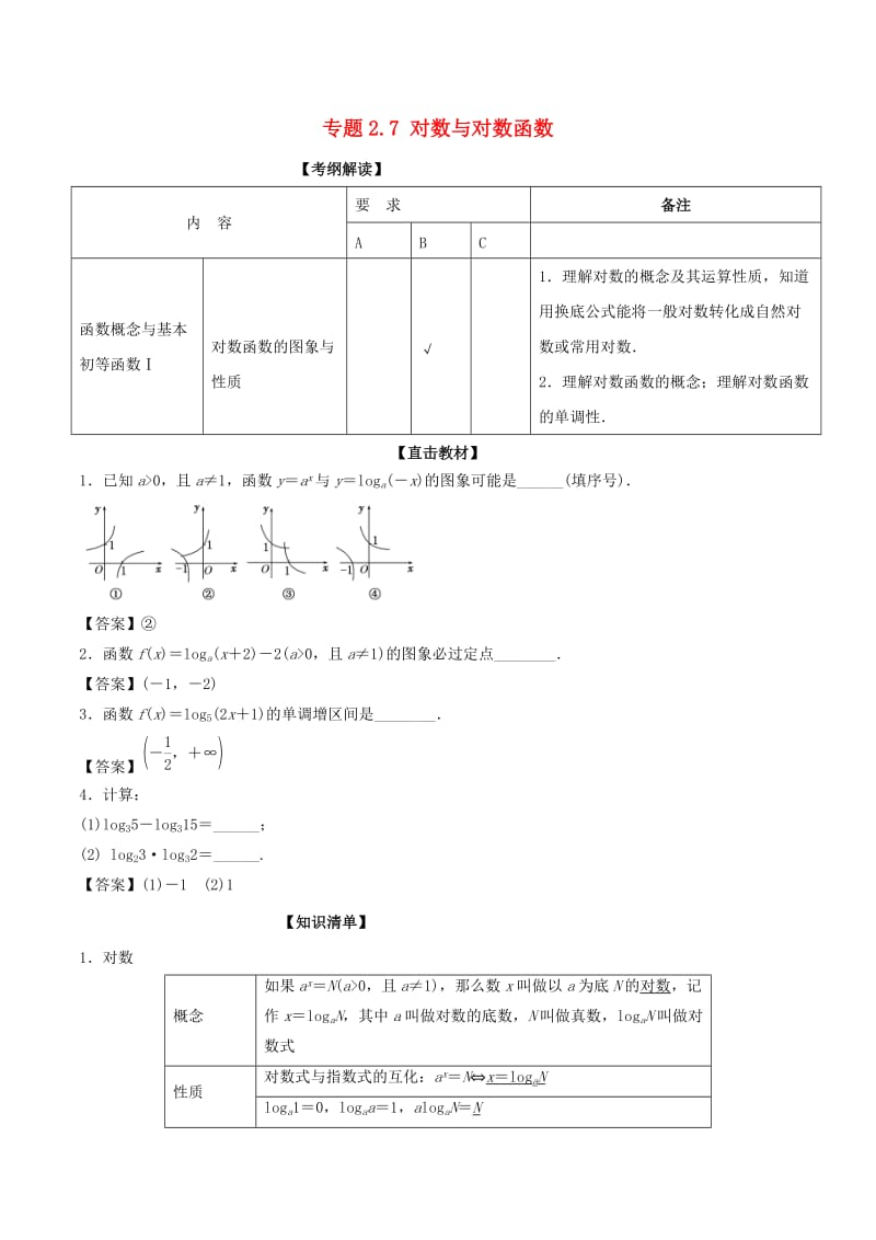 （江苏专版）2019年高考数学一轮复习 专题2.7 对数与对数函数（讲）.doc_第1页