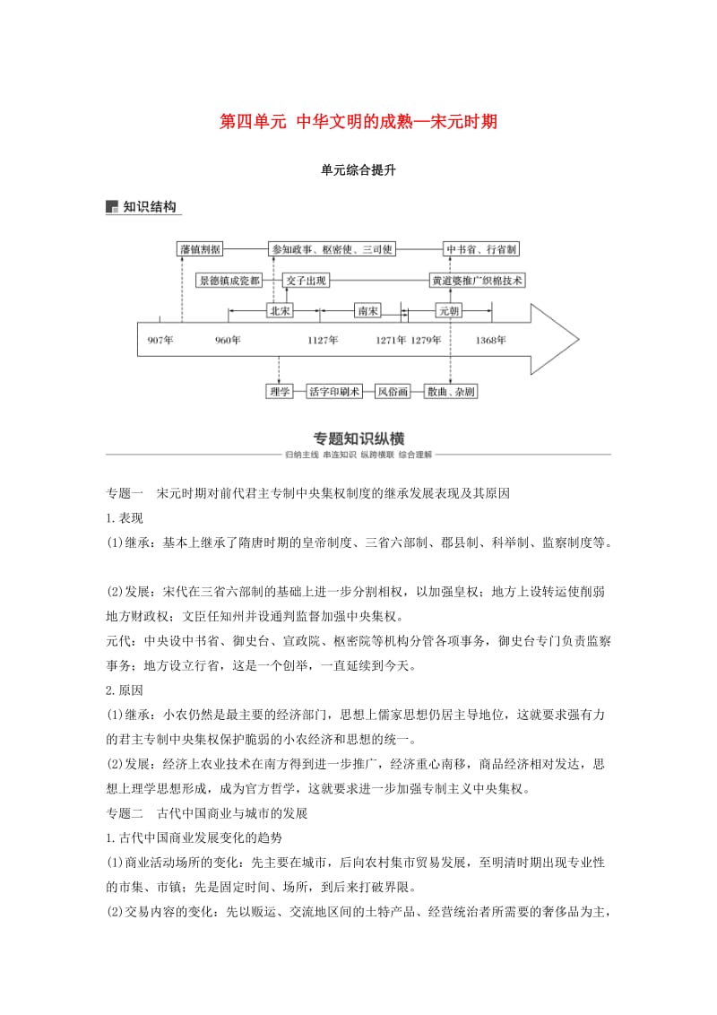 2019届高考历史一轮复习 第四单元 中华文明的成熟—宋元时期单元综合提升学案 新人教版.doc_第1页