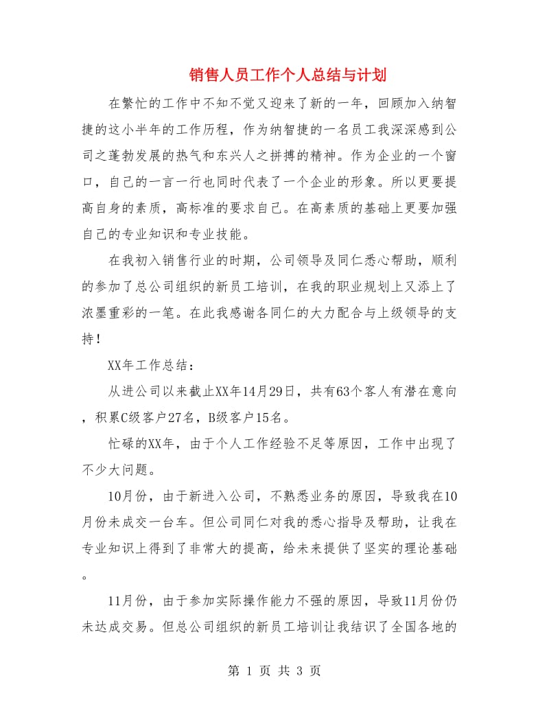 销售人员工作个人总结与计划.doc_第1页