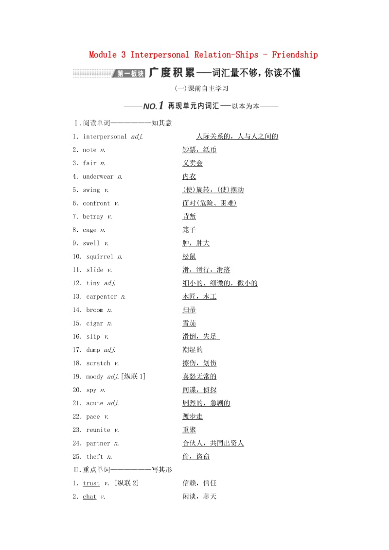 新课改2020版高考英语一轮复习Module3InterpersonalRelation-Ships-Friendship学案含解析外研版选修6 .doc_第1页