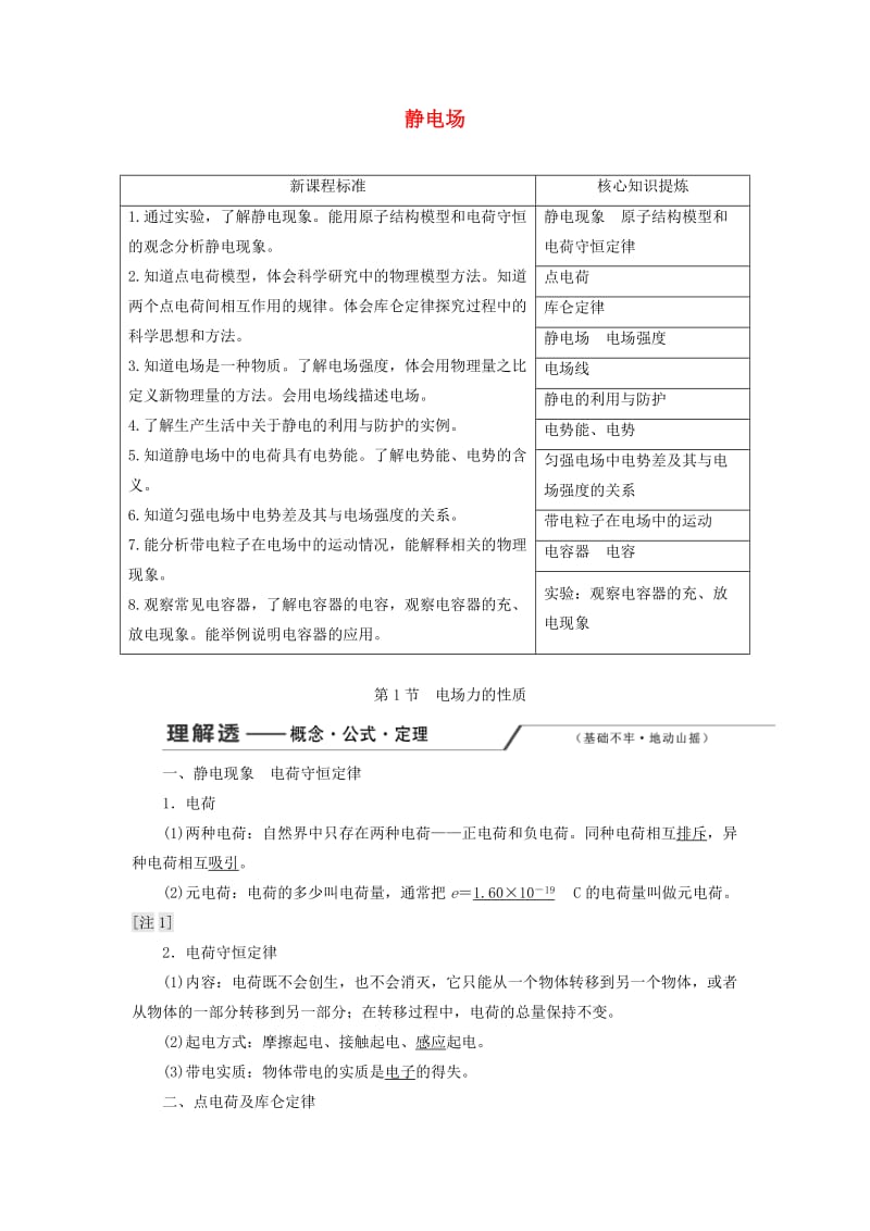 （新课改省份专用）2020版高考物理一轮复习 第七章 第1节 电场力的性质学案（含解析）.doc_第1页