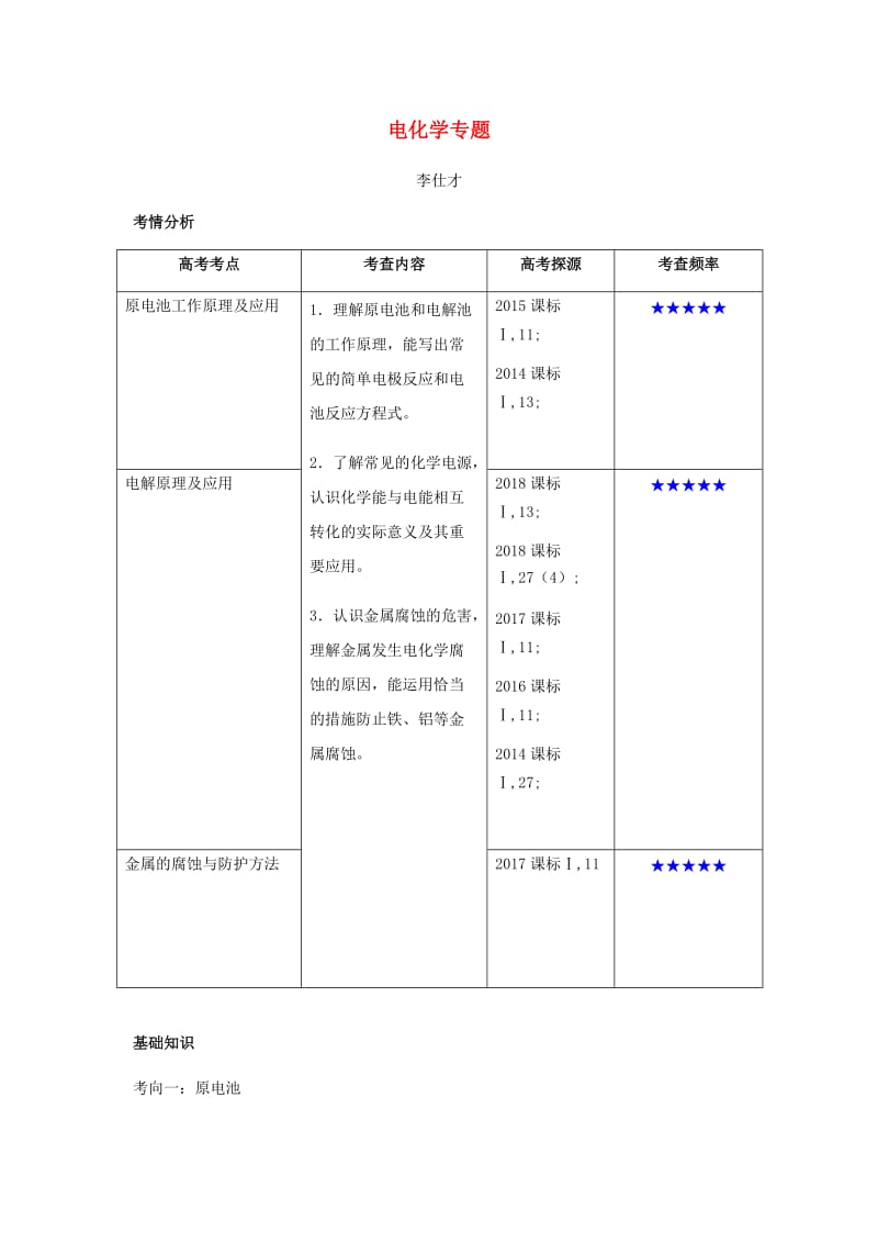 2019高考化学一轮复习讲义 电化学专题（1）.doc_第1页