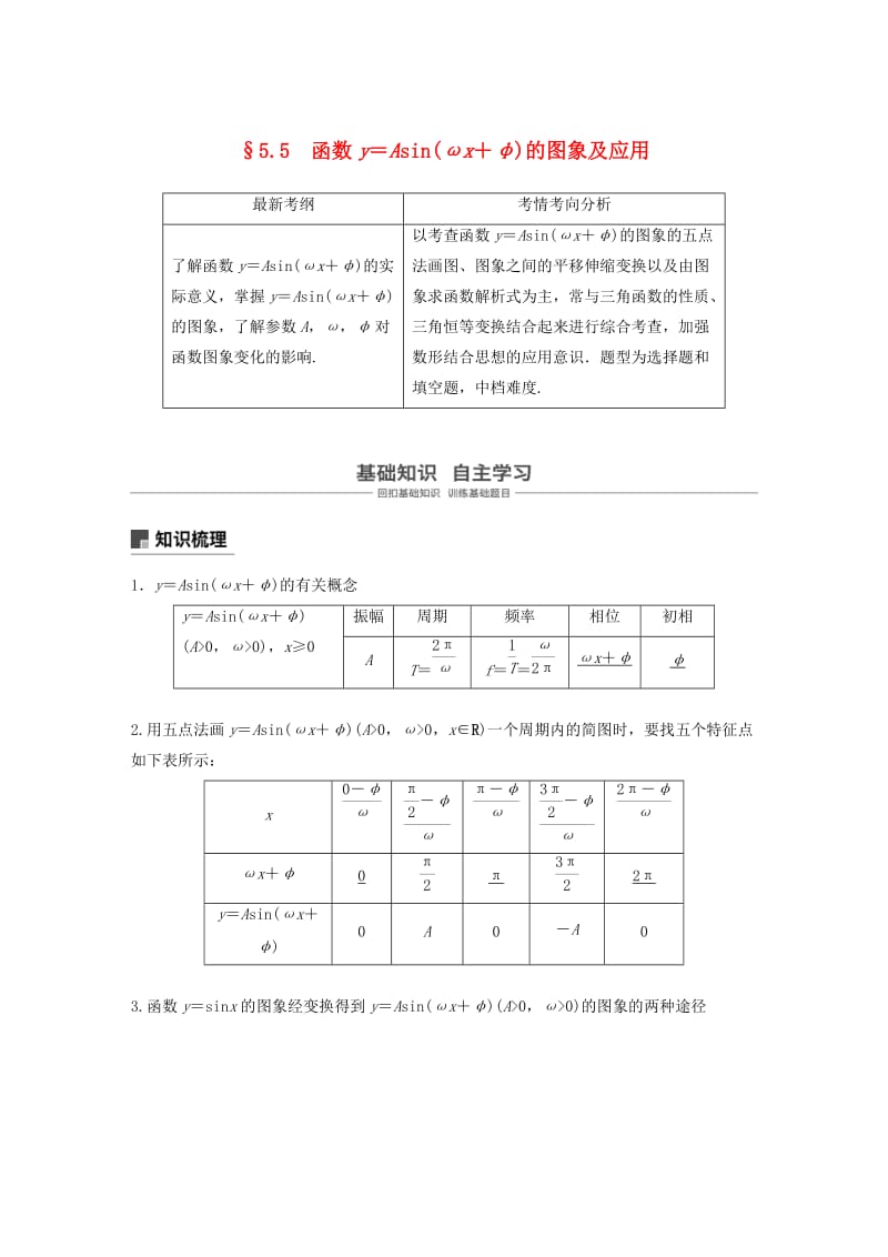 浙江专用2020版高考数学新增分大一轮复习第五章三角函数解三角形5.5函数y＝Asin(ωx＋φ)的图象及应用讲义含解析.docx_第1页