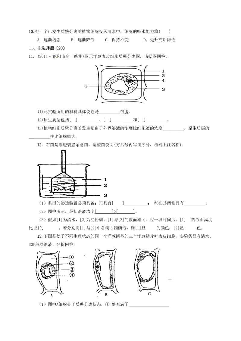 内蒙古开鲁县高中生物 第四章 细胞的物质输入和输出 4.1 物质跨膜运输的实例练习 新人教版必修1.doc_第3页