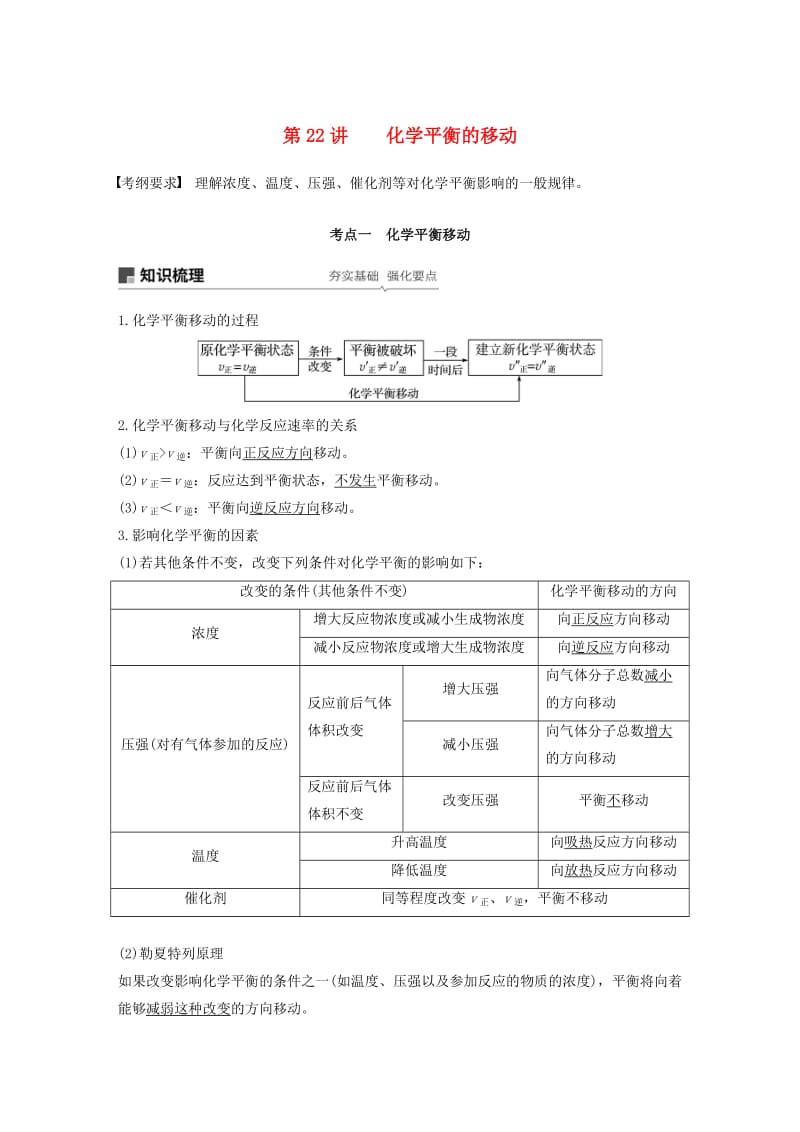 江苏省2020版高考化学新增分大一轮复习 专题7 化学反应速率与化学平衡 第22讲 化学平衡的移动讲义（含解析）苏教版.docx_第1页