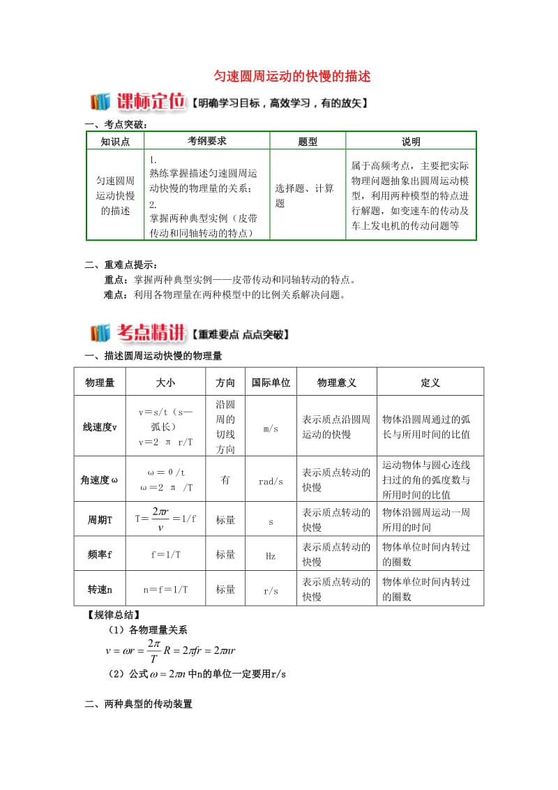 高中物理 第二章 匀速圆周运动 第1节 圆周运动 匀速圆周运动快慢的描述学案 教科版必修2.doc_第1页