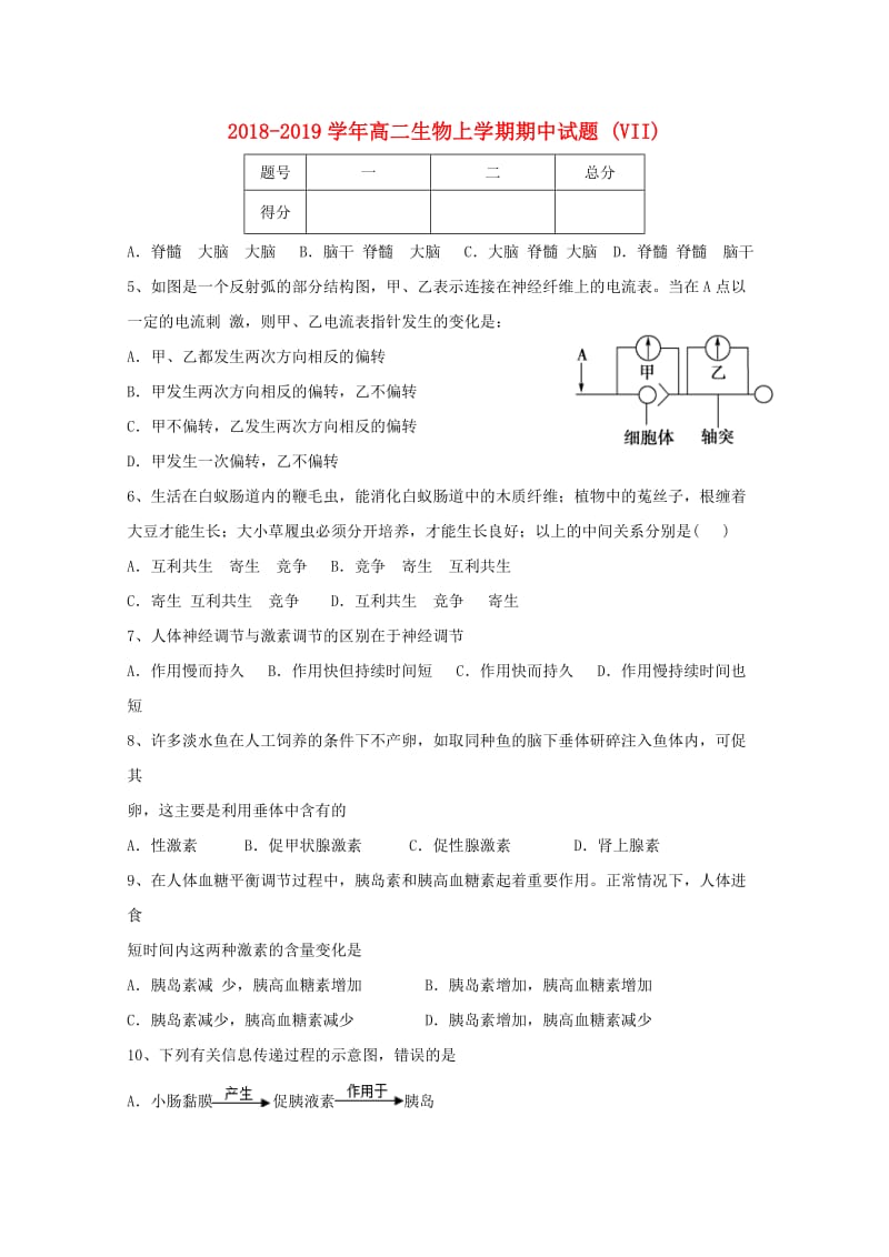 2018-2019学年高二生物上学期期中试题 (VII).doc_第1页