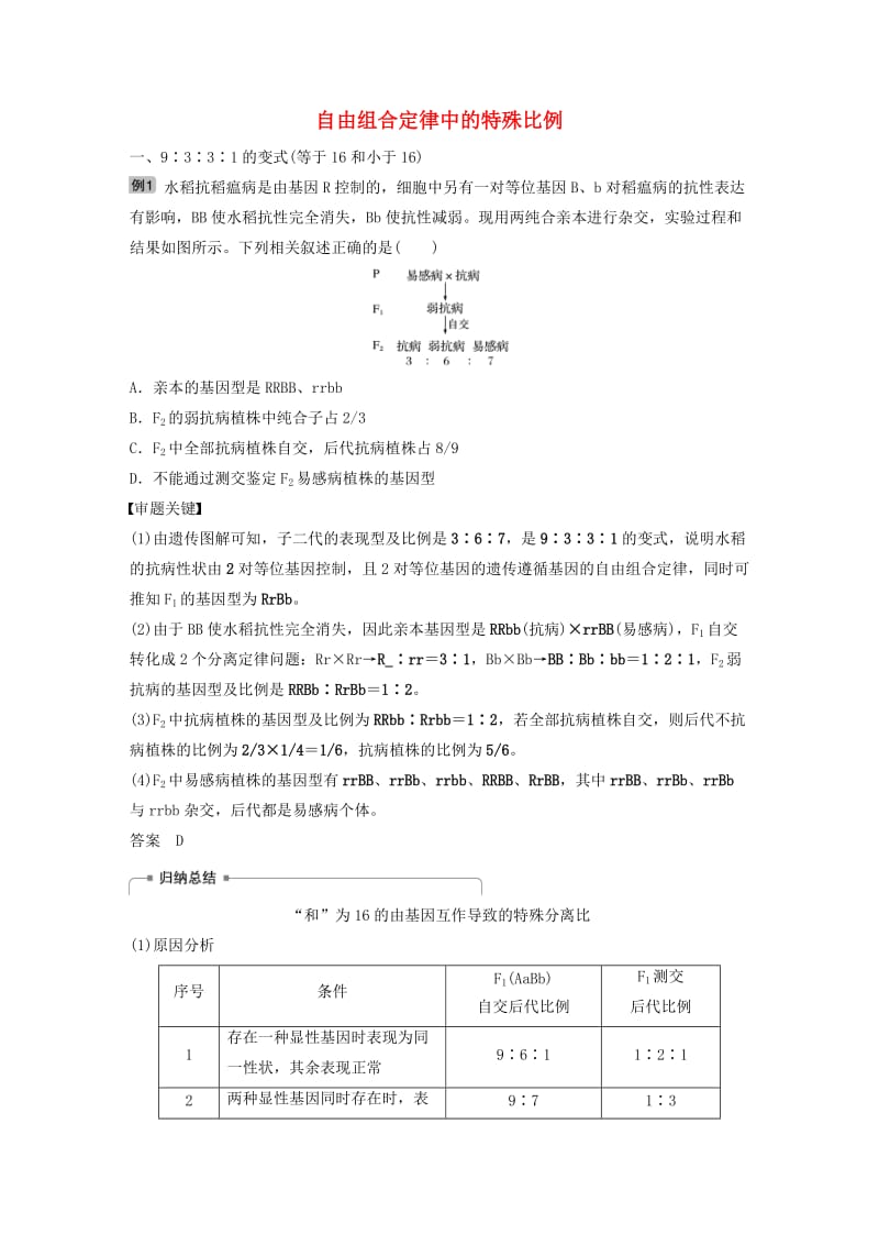 （人教通用）2020版高考生物大一轮复习 第五单元 基因的传递规律 热点题型五 自由组合定律中的特殊比例讲义.docx_第1页