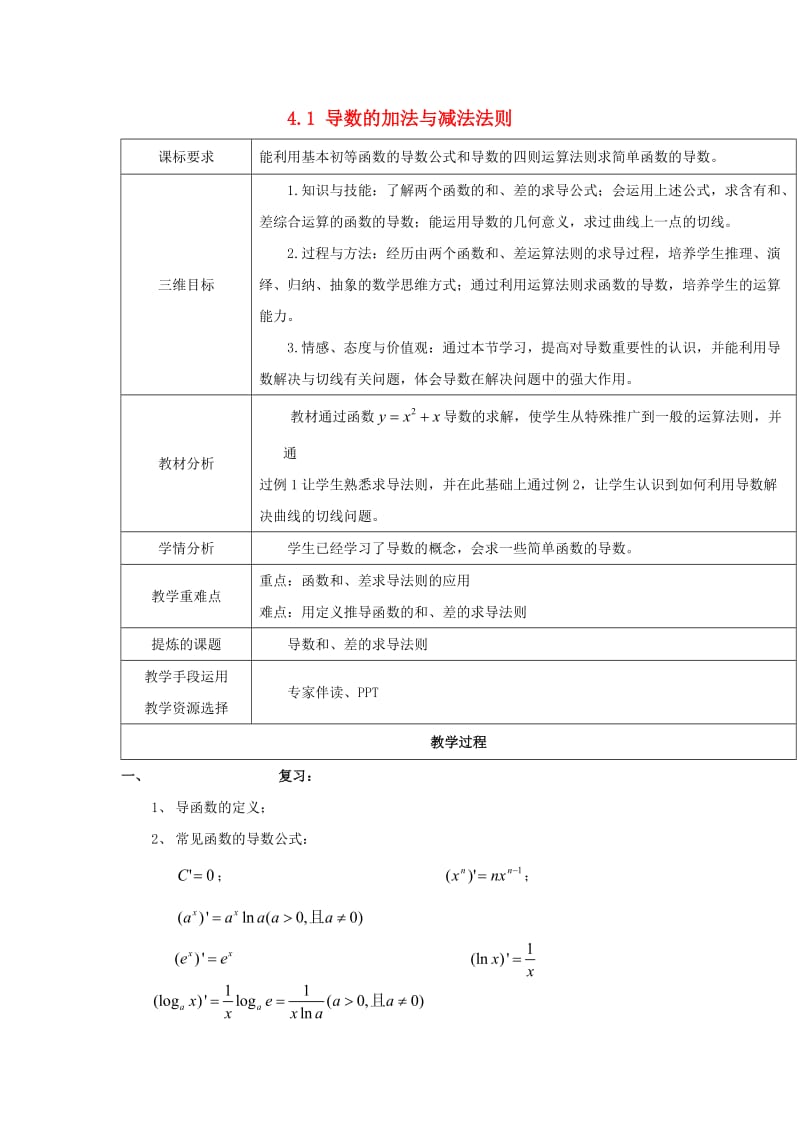 陕西省石泉县高中数学 第二章 变化率与导数 2.4.1 导数的加法与减法法则教案 北师大版选修2-2.doc_第1页