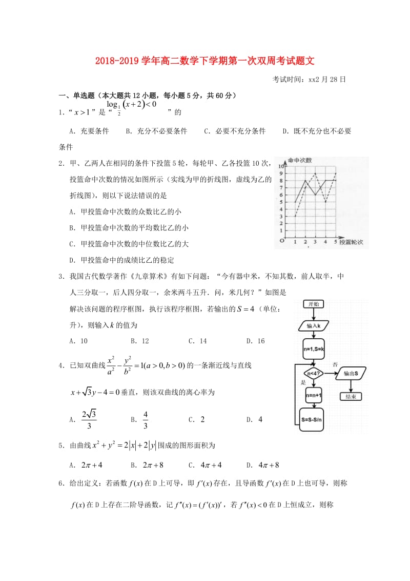 2018-2019学年高二数学下学期第一次双周考试题文.doc_第1页