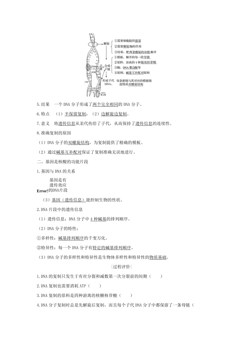 新课改地区2018-2019学年高中生物第3章基因的本质第3节DNA的复制第4节基因是有遗传效应的DNA片段学案新人教版必修2 .doc_第2页