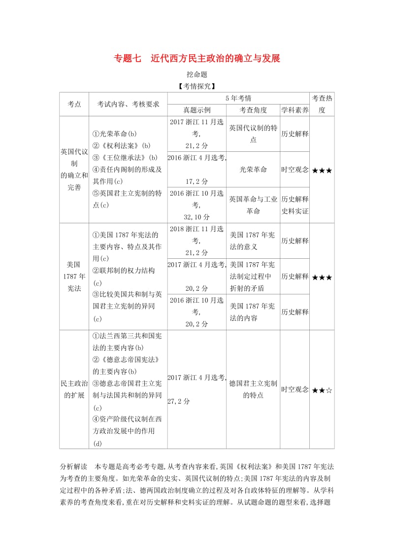 （浙江专版 5年高考3年模拟）2020版高考历史一轮总复习 专题七 近代西方民主政治的确立与发展教师用书（含解析）.docx_第1页